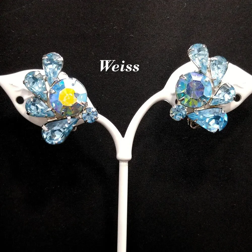 Vintage Weiss Blue AB Rhinestone Clip Earrings Rhodium Plated